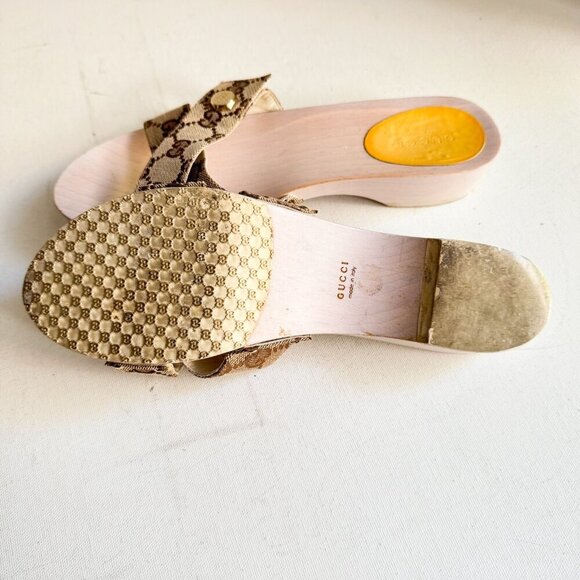 Gucci Canvas Monogram Wood Sole Clog Sandals 37 - Picture 9 of 16